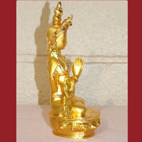 AVALOKITESVARA BUDDHA BEJEWELED GOLD ALLOY PLATED 6 IN STATUE-4 Arms-Bodhisattva - Picture 8 of 16